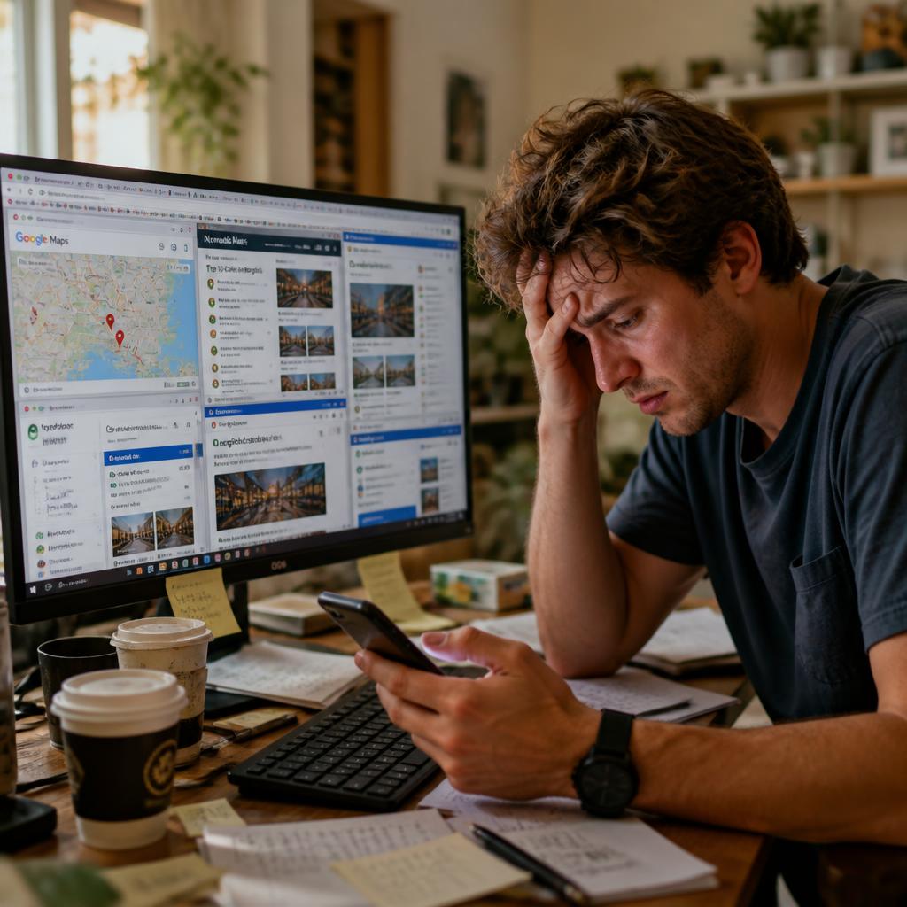 An overwhelmed traveler surrounded by tabs and screenshots